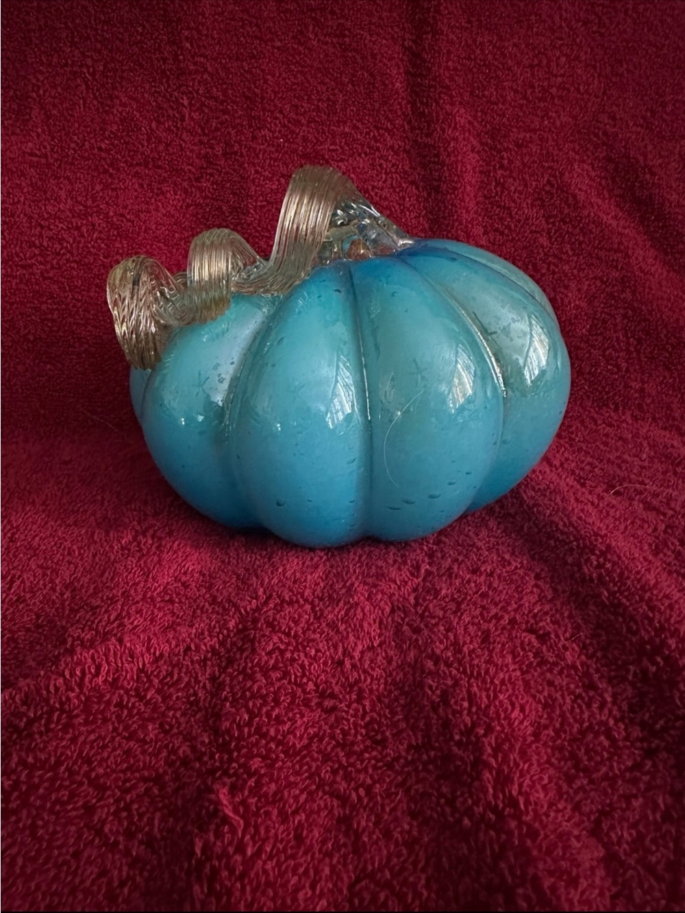 Handblown Blue Art Glass Pumpkin with Clear Twisted Stem